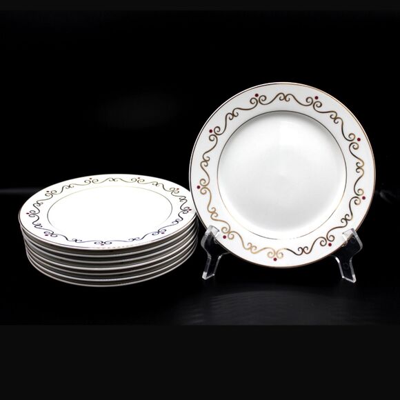 Vintage Pier 1 Salad Dessert Plates Set White Gold Scroll Red Ornaments Design - Picture 1 of 8